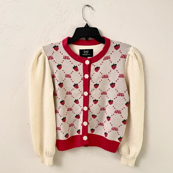 EllandEmm NWOT Strawberry Monogram Cardigan in Cream and Red, Size S/M - Picture 2 of 14